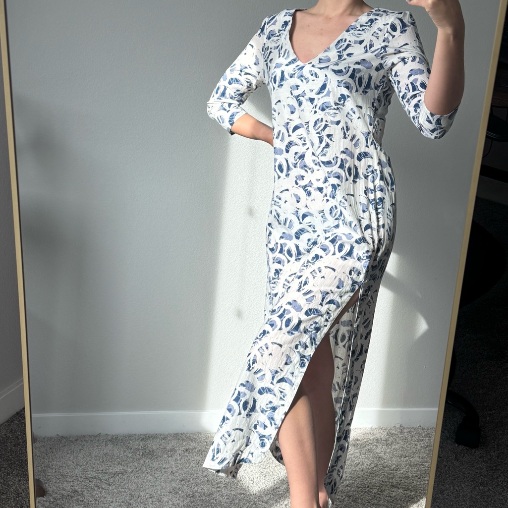 The Plunge Collective Abstract Aqua Print Midi Dress Cotton Silk M Vacation Chic